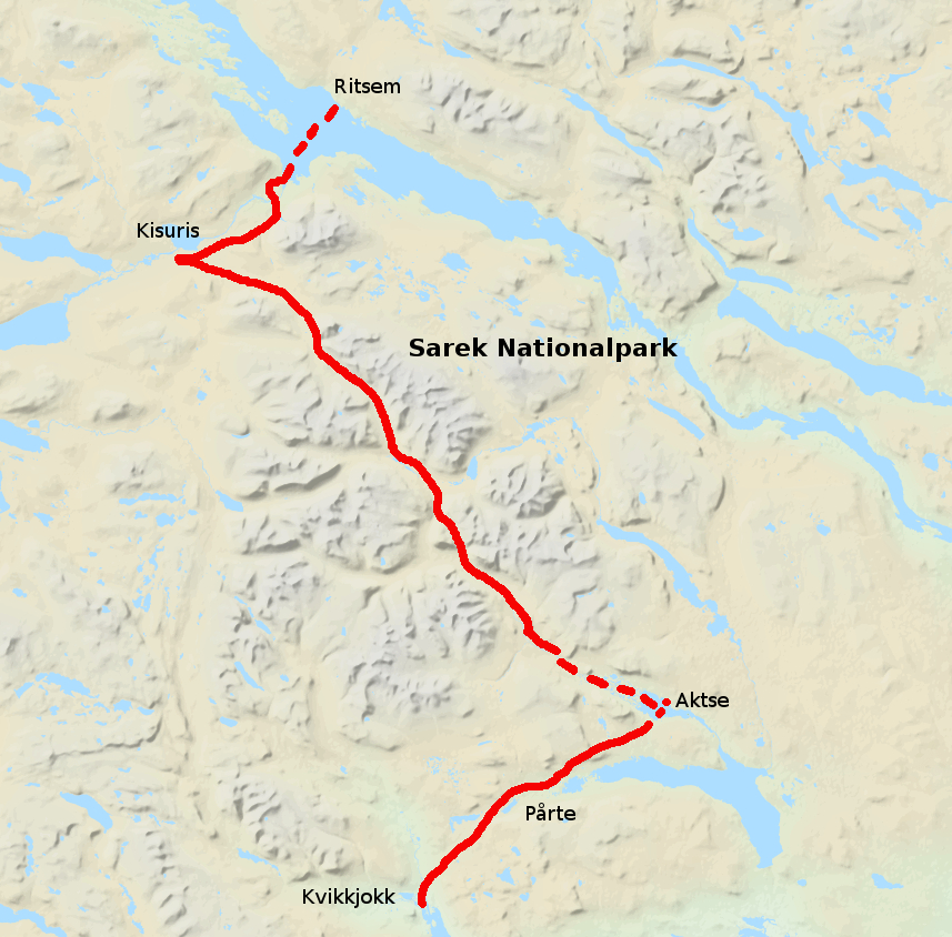 Landkarte des Sarek mit unserer Tourt vom Nordwesten in den Südosten des Sarek